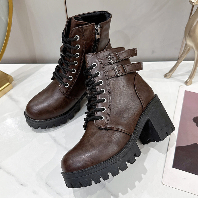 Round-Toe Mid-Heel Ankle Martin Boots with Side Zipper in Solid Color
