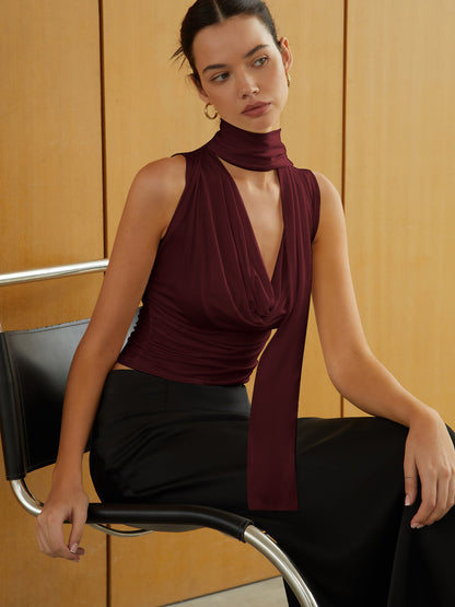 Sleeveless Draped Neck Tie-Waist Slimming Tank Top