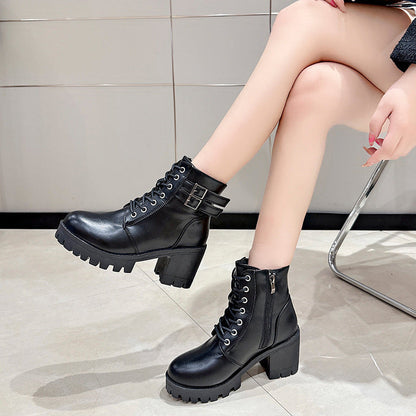 Round-Toe Mid-Heel Ankle Martin Boots with Side Zipper in Solid Color