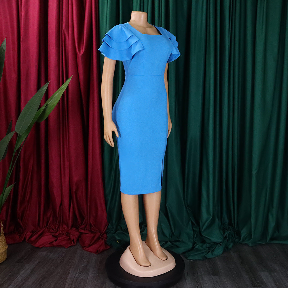 Square Neck Ruffled Short-Sleeve Bodycon Dress