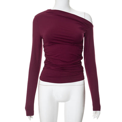 New INS Solid Color Asymmetrical Shoulder Long Sleeve Ruched Crop Top T-Shirt