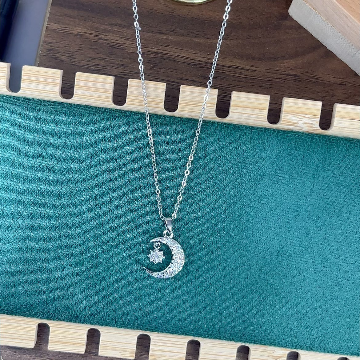 Full Rhinestone Moon and Star Mythology Necklace