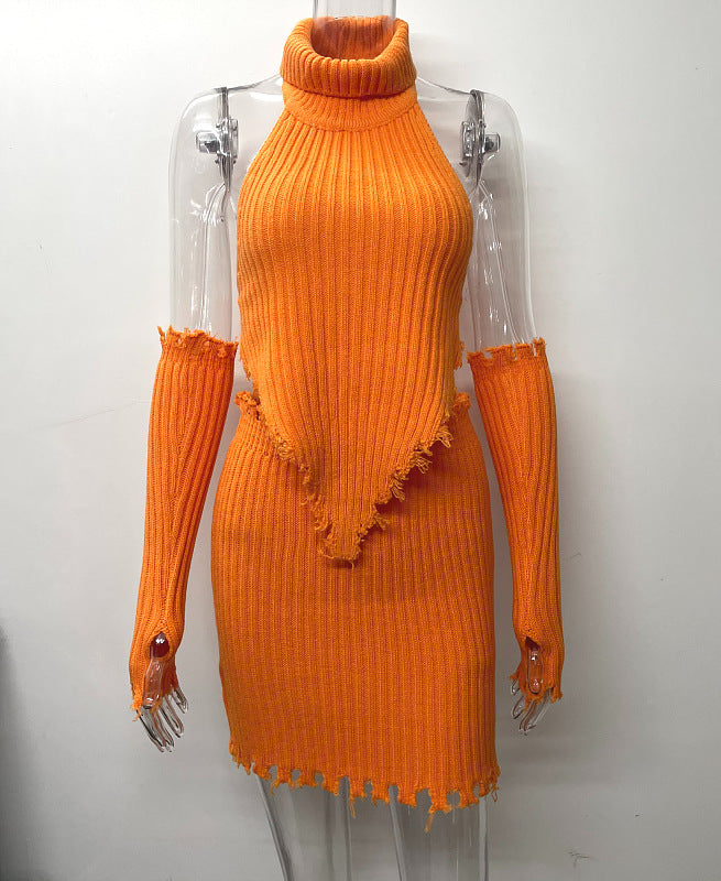 Strap Neck Hot Girl Short Knit Top and Bodycon Mini Skirt Women's Two-Piece Set