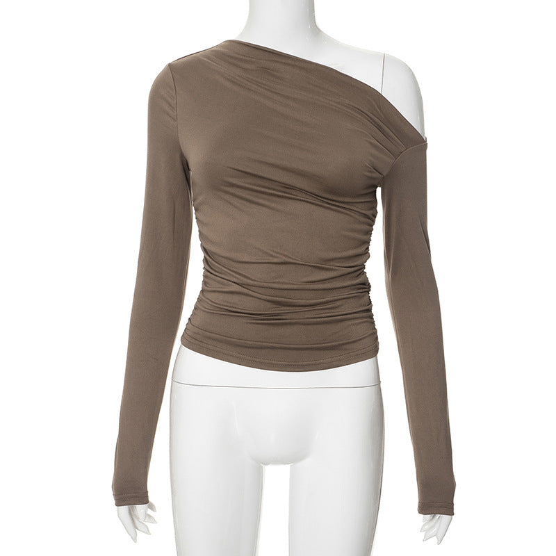New INS Solid Color Asymmetrical Shoulder Long Sleeve Ruched Crop Top T-Shirt