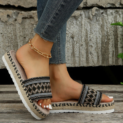 Peep-Toe Wedge Braided Jute Platform Comfortable Slip-On Sandals