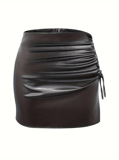 Solid Color Drawstring Tie Split High-Waist A-Line Bodycon PU Leather Mini Skirt