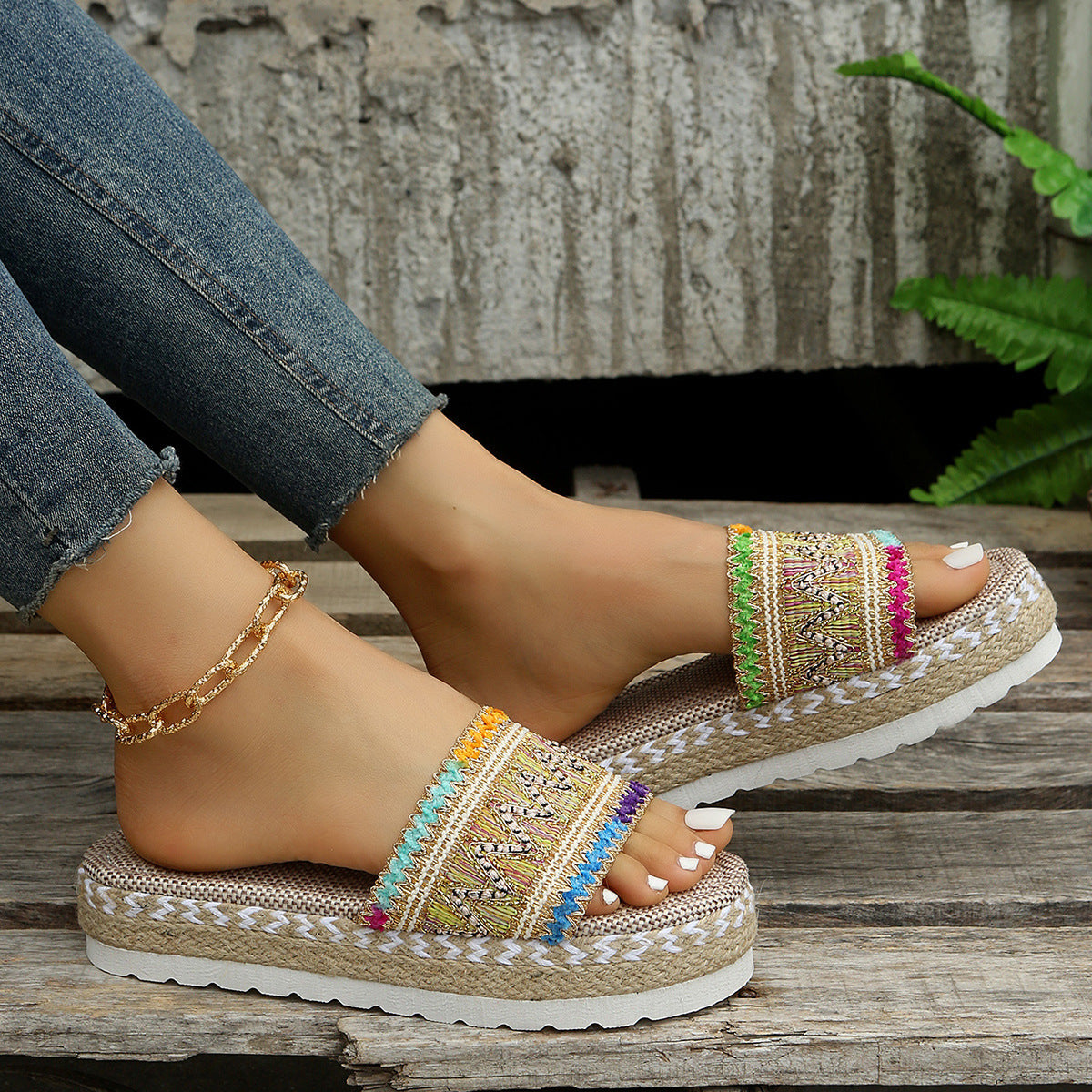 Peep-Toe Wedge Braided Jute Platform Comfortable Slip-On Sandals