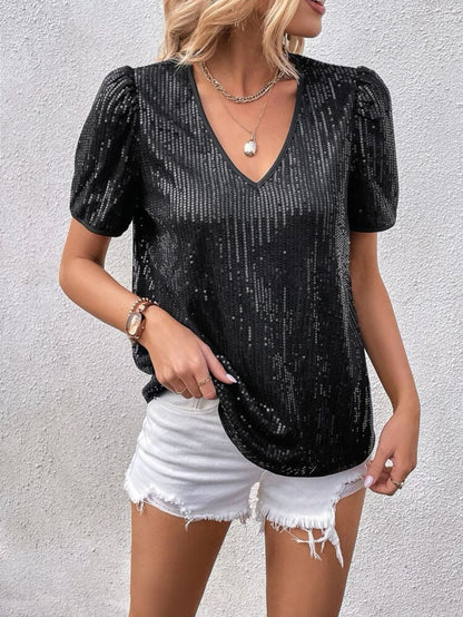Solid Color Sequin V-Neck Loose Short-Sleeve Women's T-Shirt