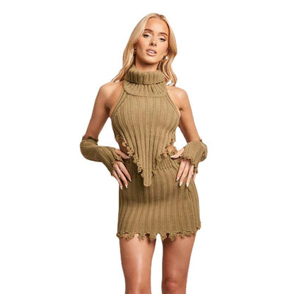 Strap Neck Hot Girl Short Knit Top and Bodycon Mini Skirt Women's Two-Piece Set